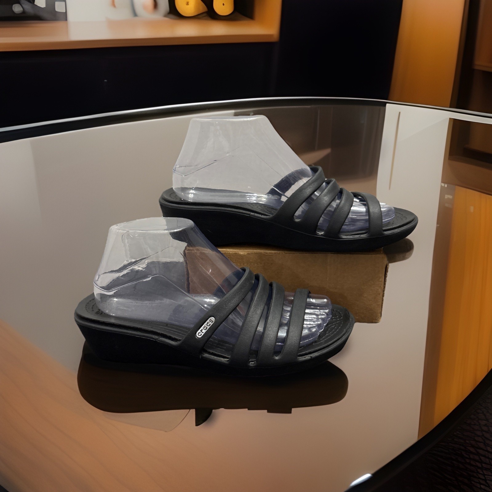 CROCS Sandals Women’s 8 Black RHONDA Strappy Wedge Slides Beach Casual Vacation