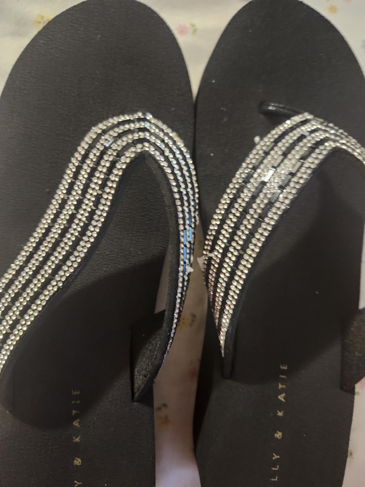 Kelly & Katie black platform wedge sandals/ rhinestone-embellished straps.