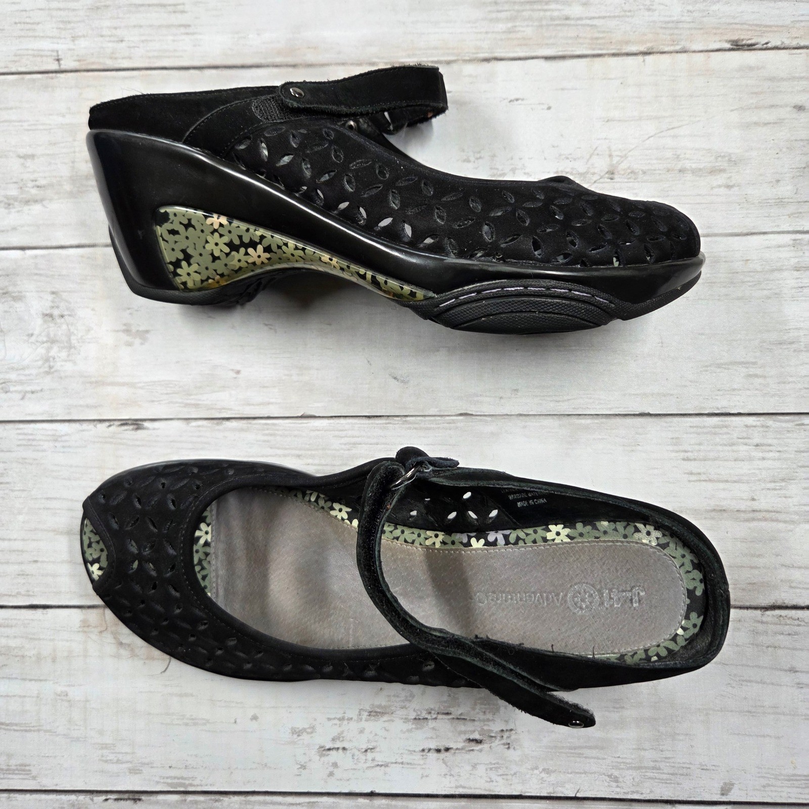 J-41 Adventure Co Wedge Sandals Women 10M Black Journey Leather Laser Cut Floral