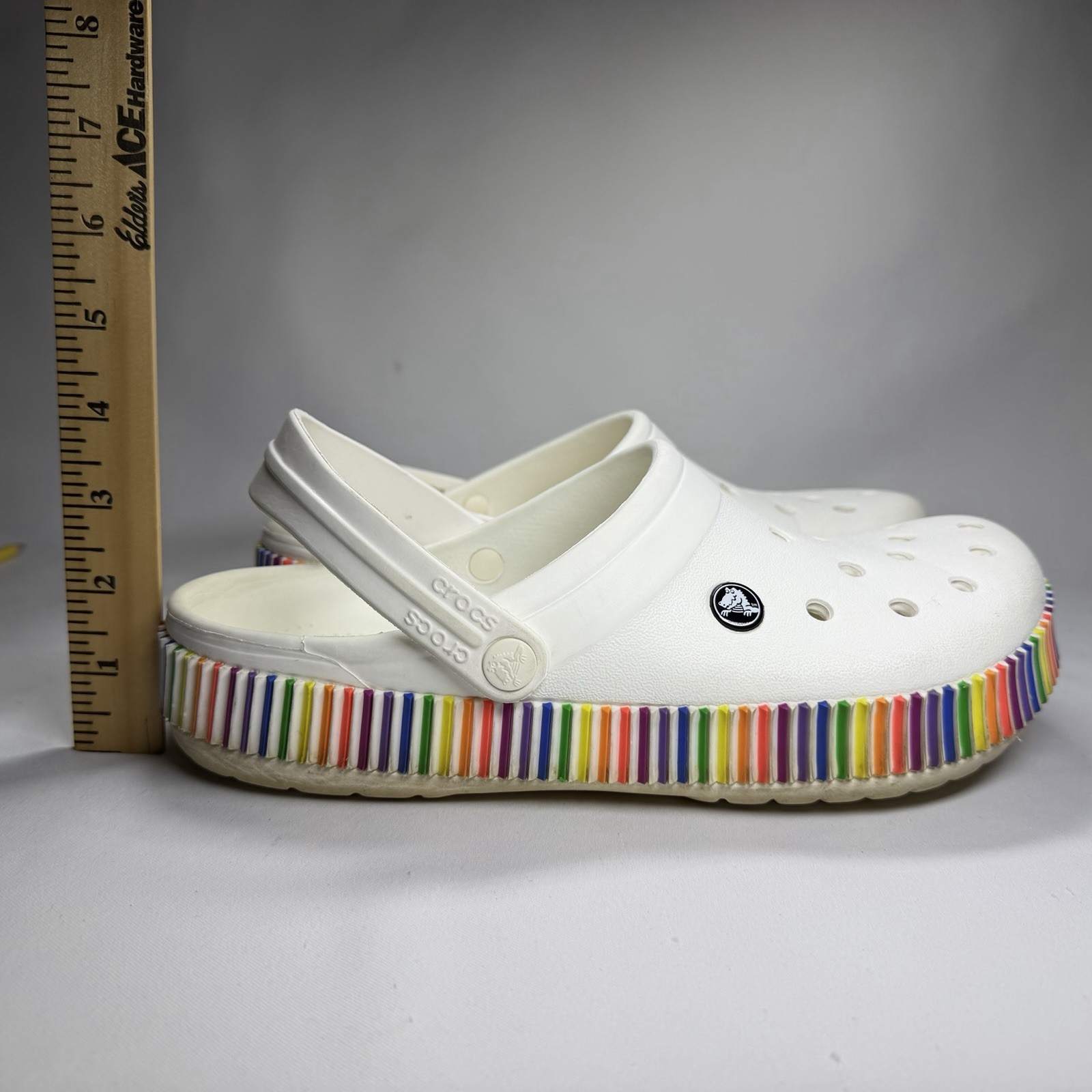 Crocs Classic Clog Shoes Womens 11 Mens 9 White Rainbow Pride Band Slip On