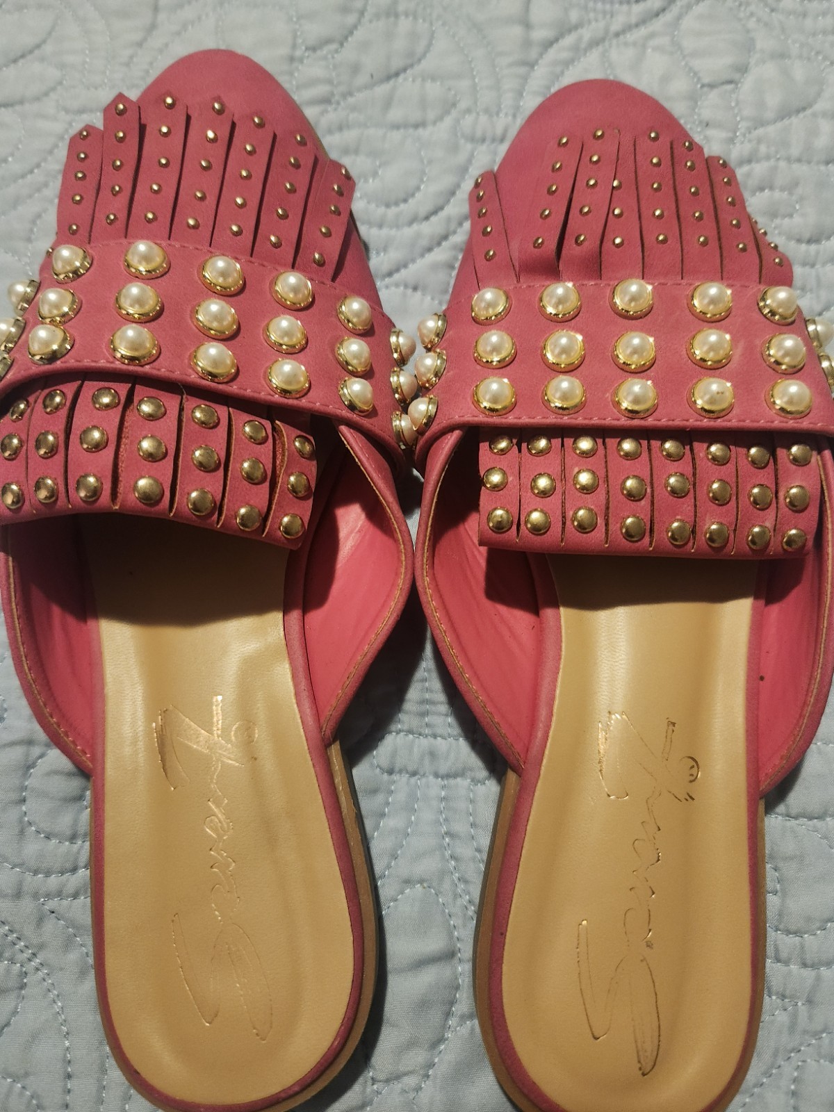 Sergio Rossi Women’s Pink Leather Slide Sandals Studded Pearl Slip-On 8.5