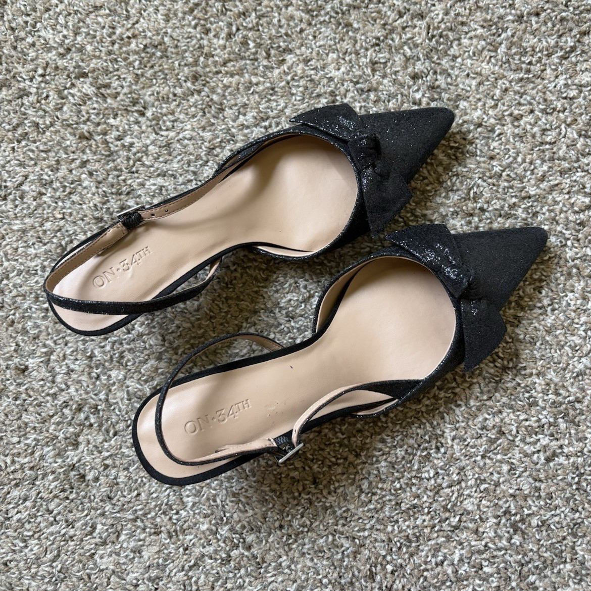 On 34th Women’s Black kitten heel Glitter Bow Pointed Toe Slingback 9.5