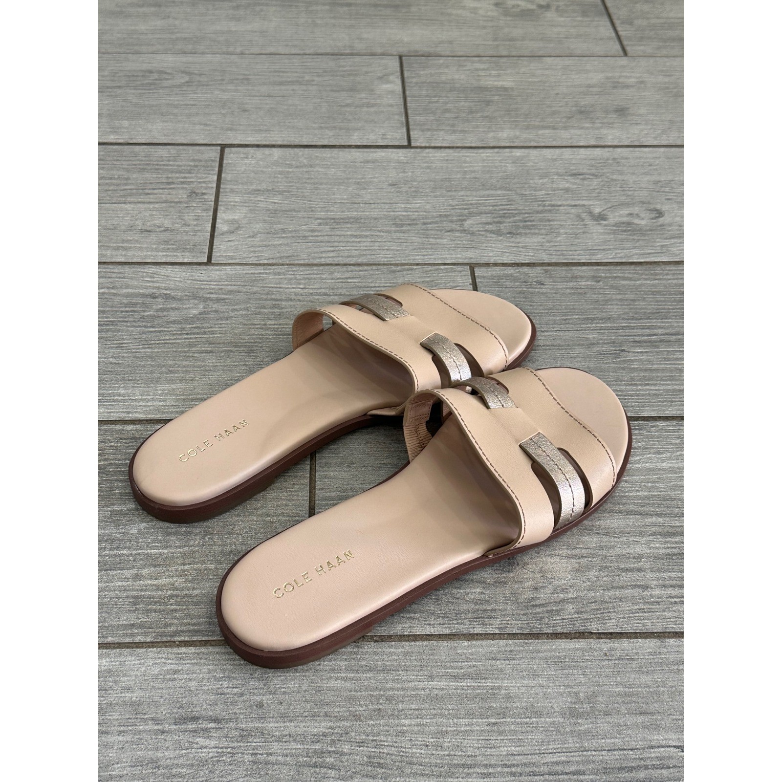 Cole Haan Flynn Porcelain Rose Gold Leather Slotted Slide Sandals New!
