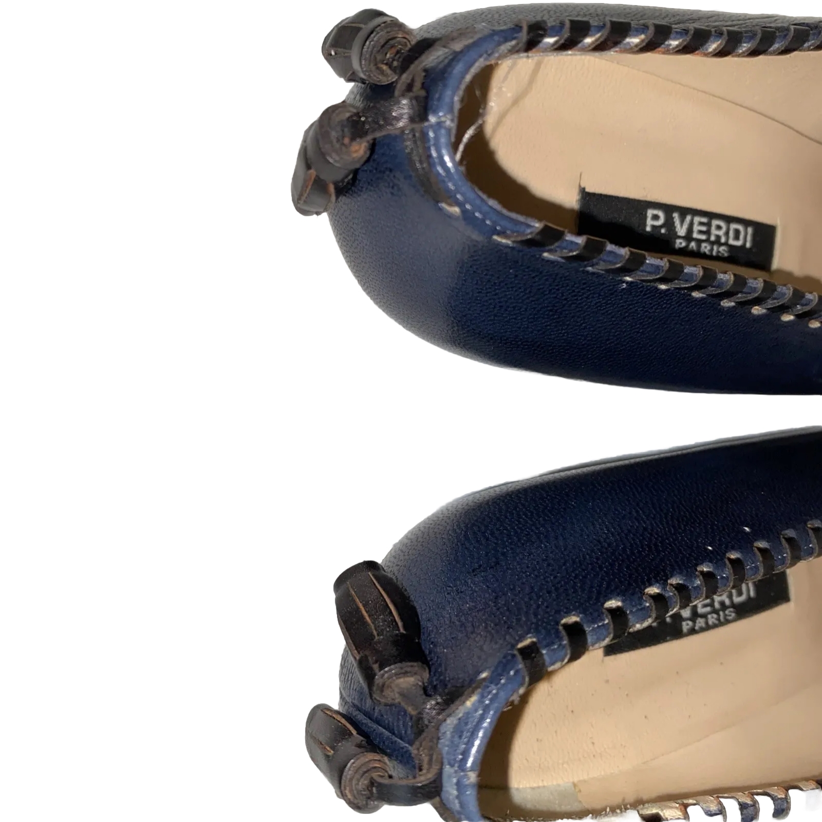 P. VERDI Women’s Shoes Paris Navy Leather 39 or 8.5 Lacing Tassels Low 2” Heels