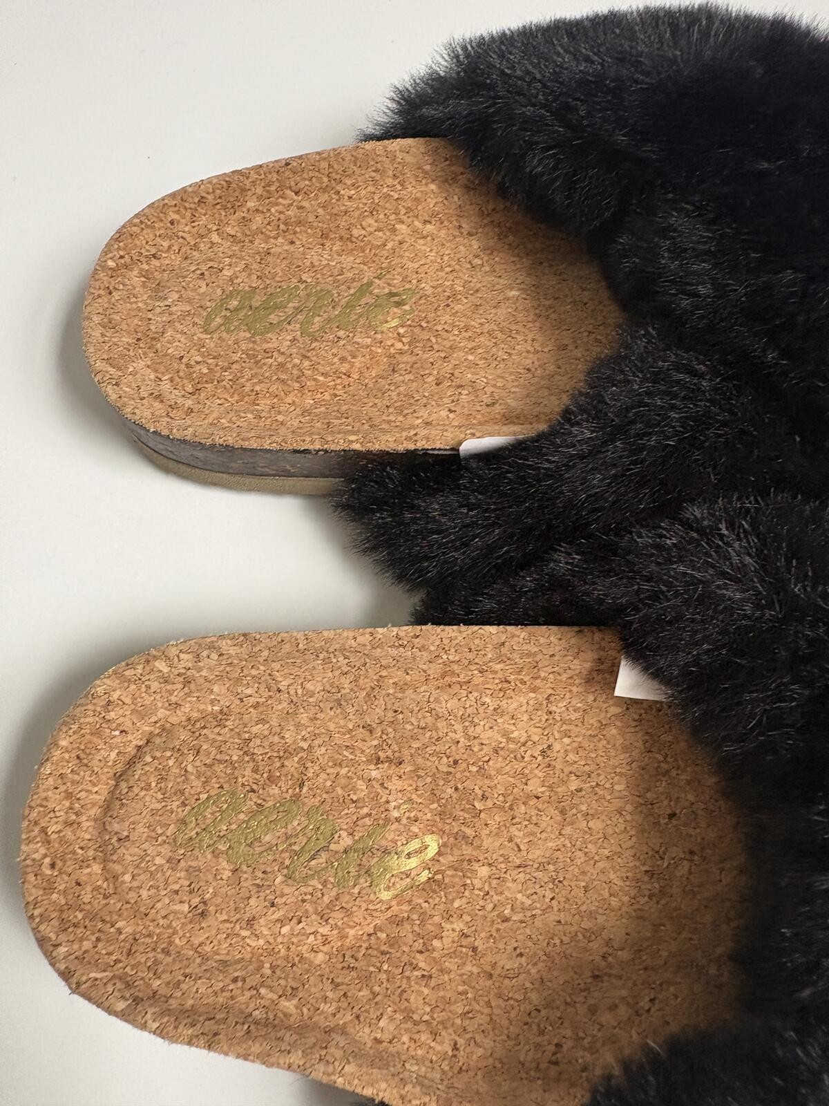 aerie | NWT Black Criss Cross Fuzzy Fur Cork Slip On Sandals Slippers Size 6