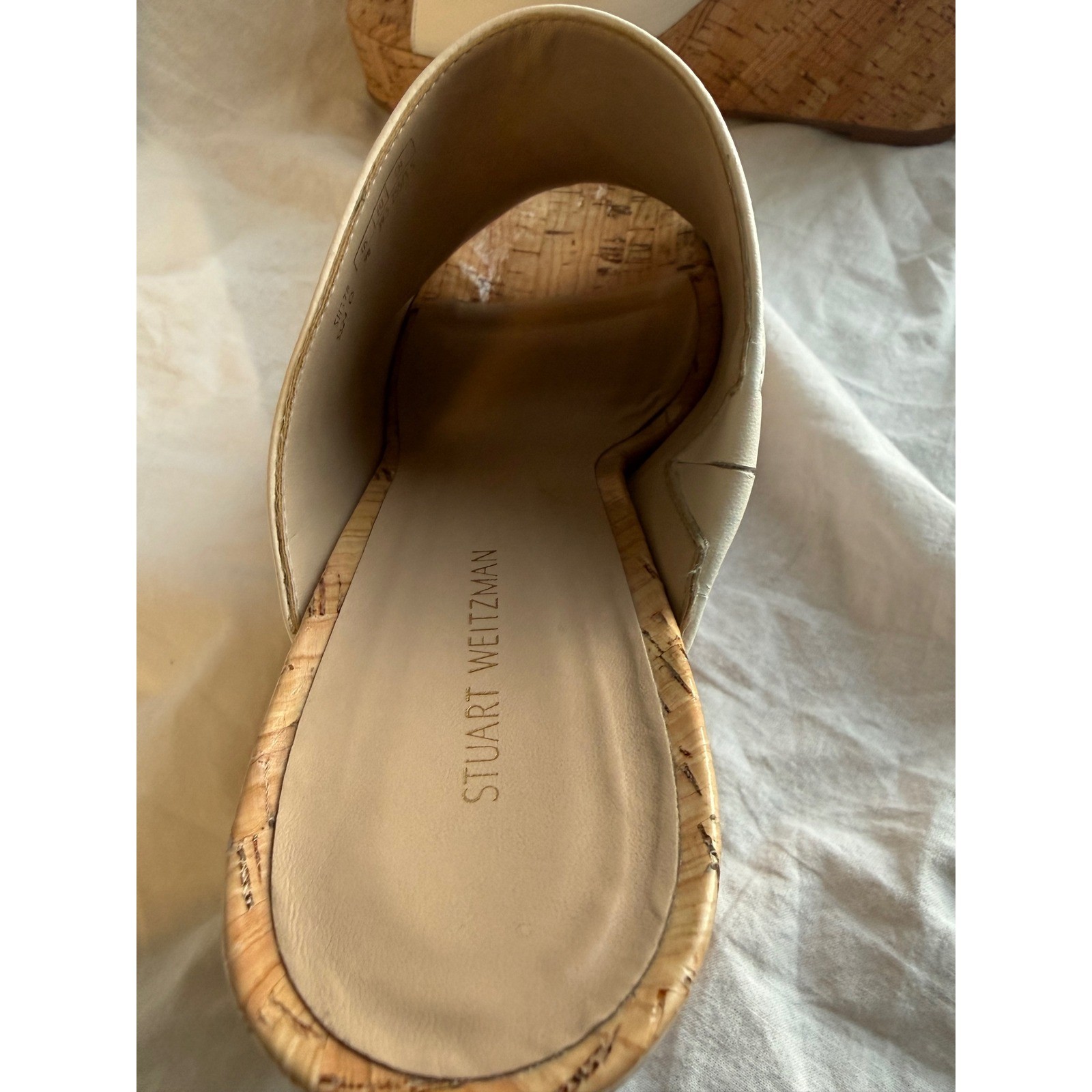 Stuart Weitzman Cream Leather Cork Platform Wedge Mules SH378 Size 9B
