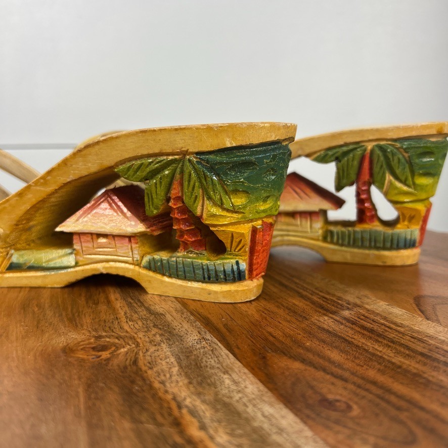 Vintage 1940s WWII Philippines Bakya Hand Carved Painted Wood Sandals Shoes