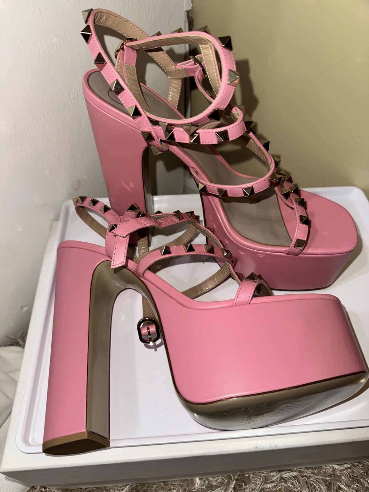 Valentino Women’s Pink Leather Platform Block Heel Studded Ankle Strap 11