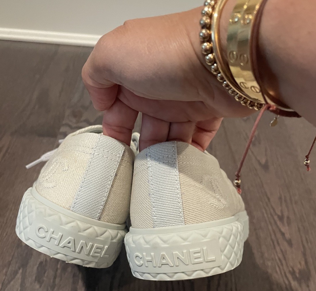 Chanel Printed Fabric Quilted Low Top Sneakers 38 Light Gray