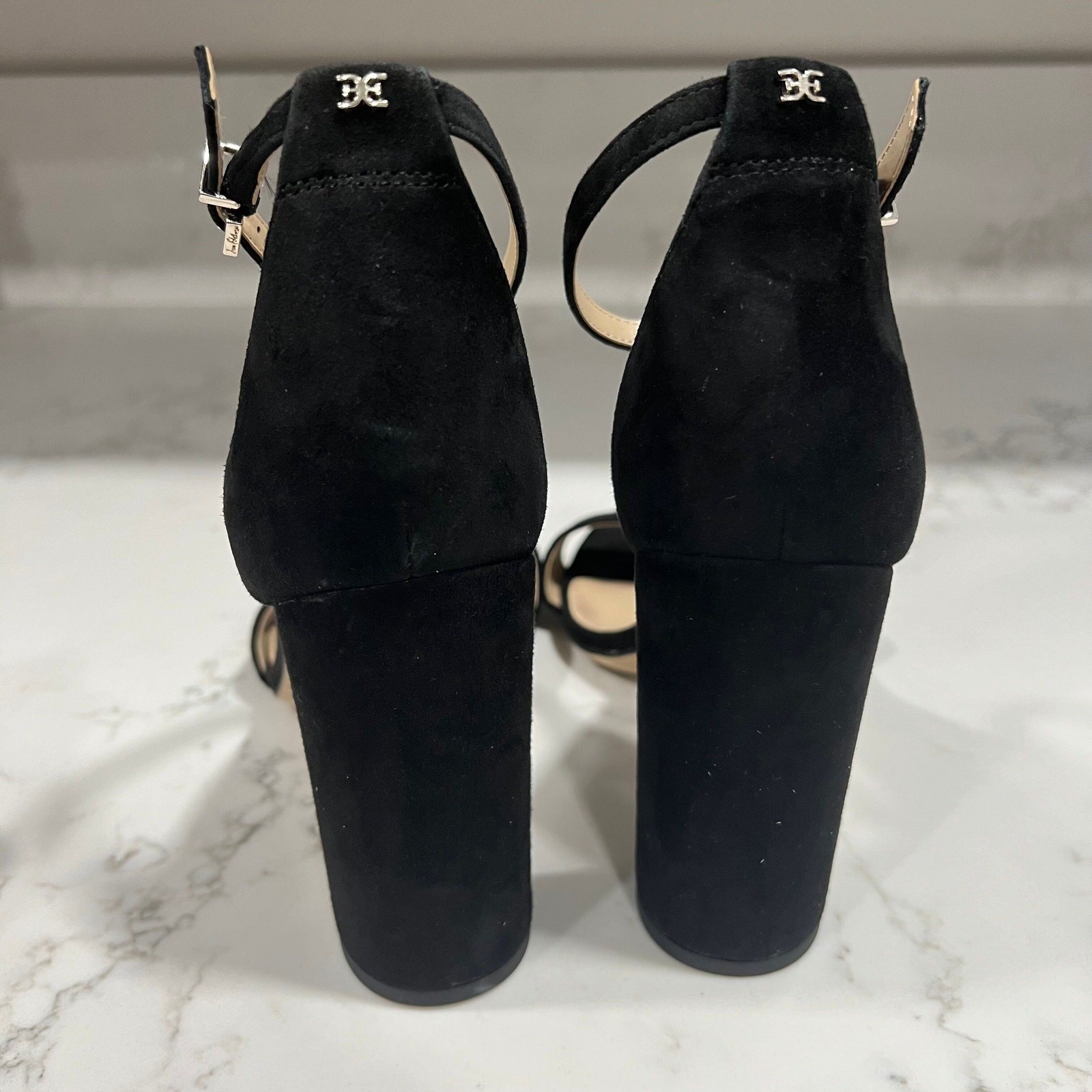 New Sam Edelman Yaro Sandals Black Suede Ankle-Strap Block Heel Sz 9