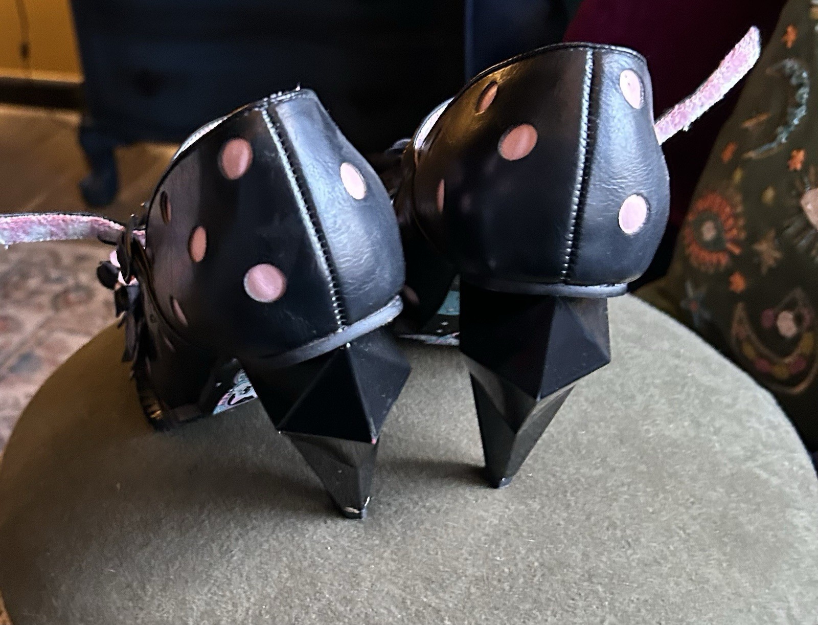 Irregular Choice Black Pink Polka Dot Cat Flower Strap Buckle Pumps Women’s