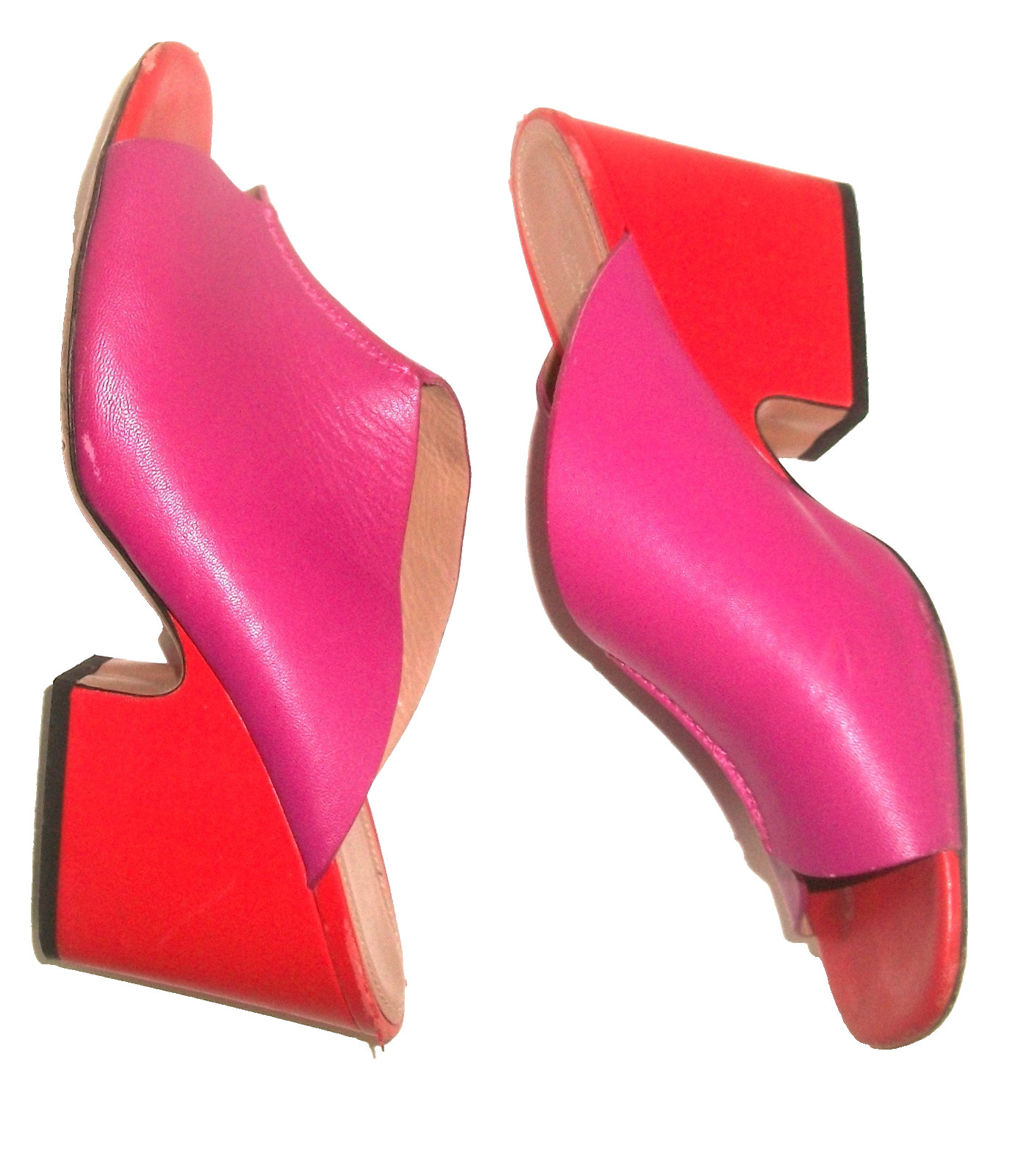 Lewitt Fuschia Pink and Red Leather Open-Toe Heeled Mules Made in Italy 10M