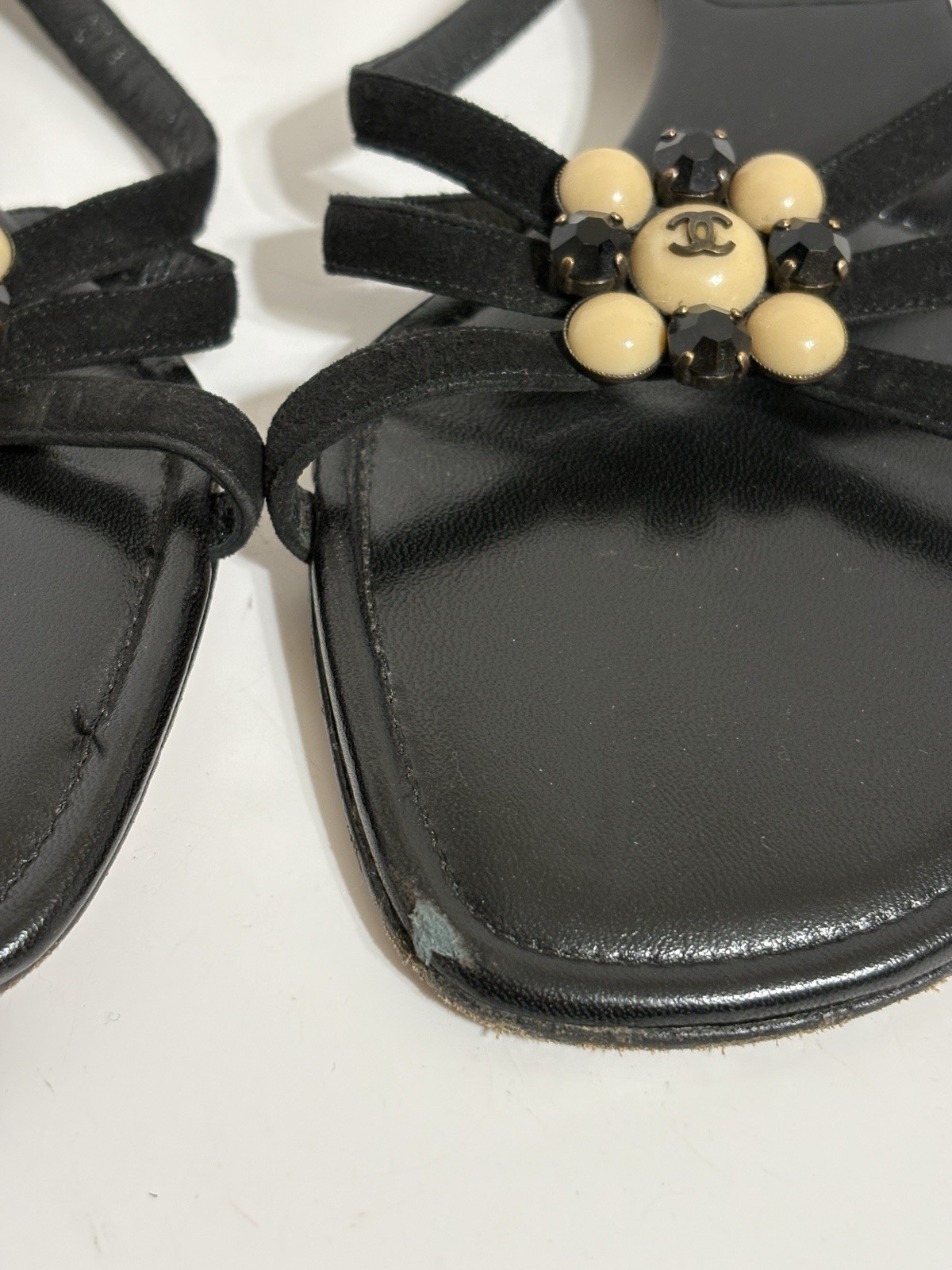 Vtg Chanel Black Leather CC Logo Crystal Embellished Sandals 36