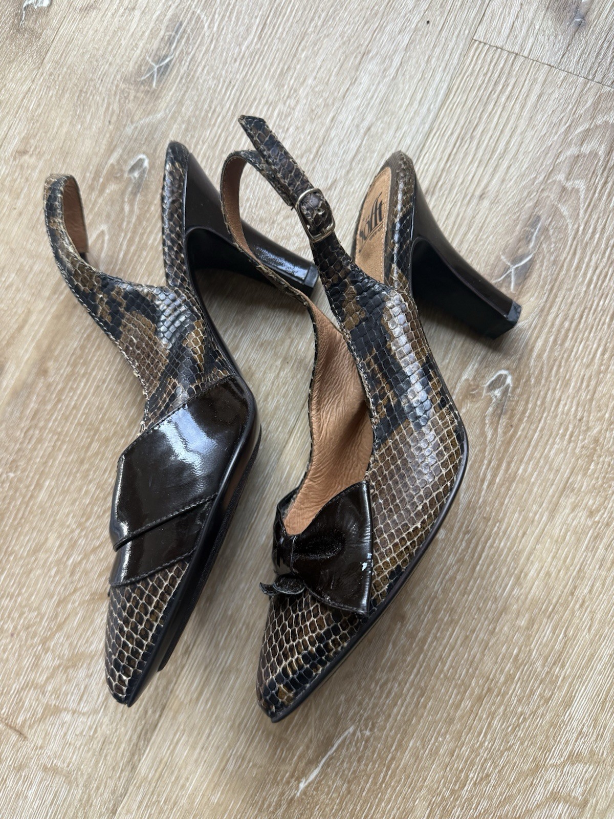 Sofft Women’s Brown/Black Snake Print Leather Pointed Toe Slingback Heels 8.5M