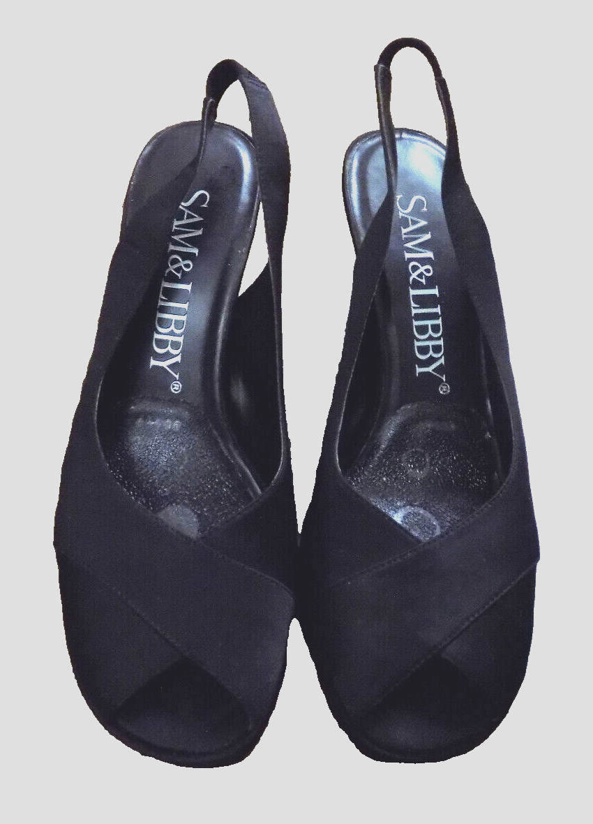 Sam & Libby Darla Black Satin Classy Slingback 3.25″ Heels Open Peep Toe 7.5 EUC