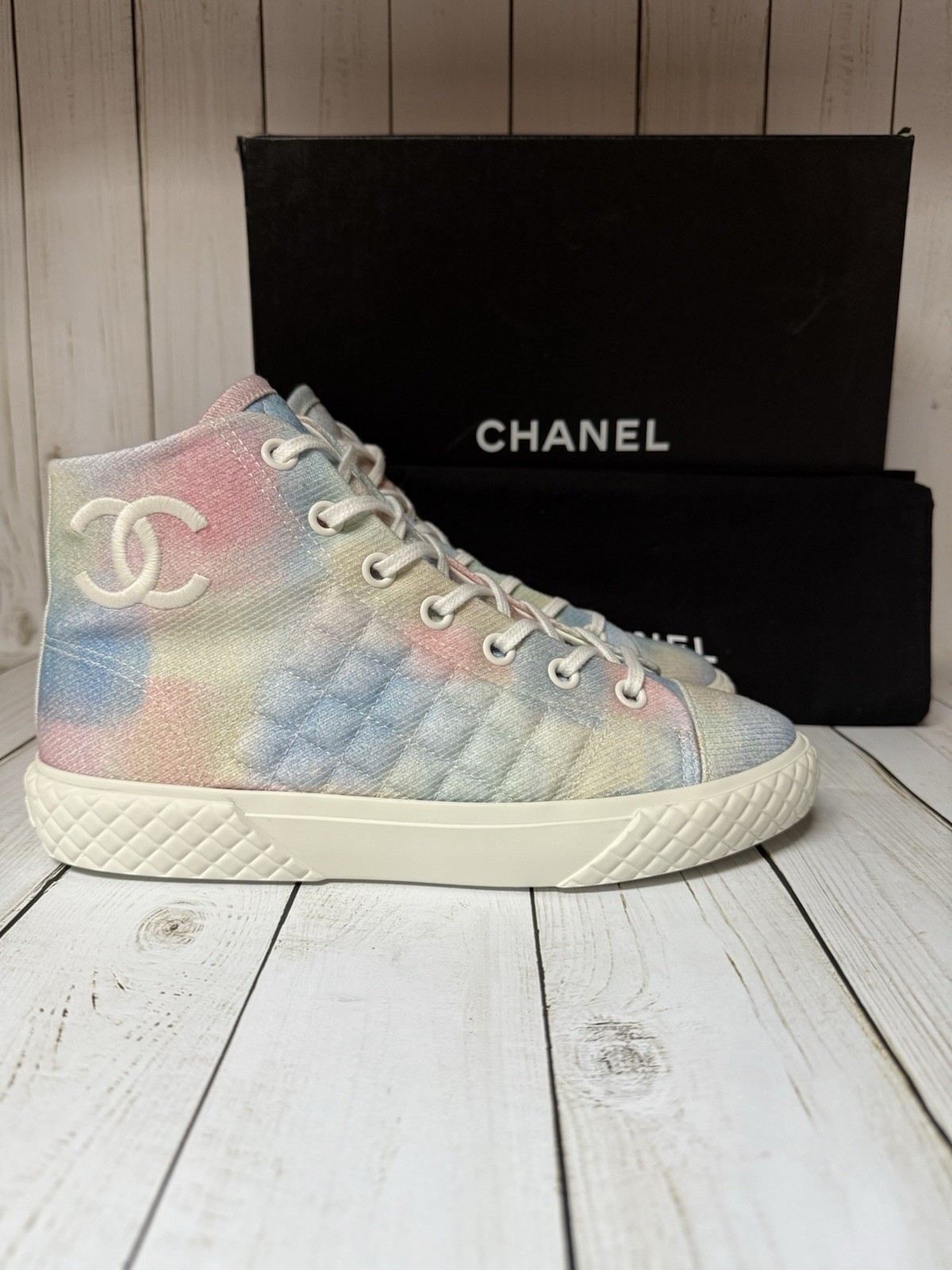 CHANEL Printed Fabric Quilted High Top Sneakers Green Pink Blue Sz 39 / 9