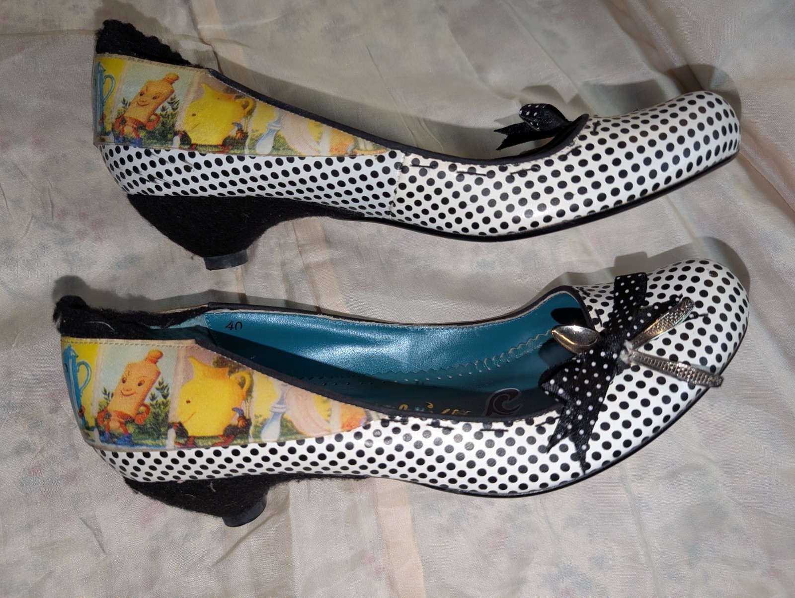 Black White Polka Dot Spoon Teapots Kitten Heels Irregular Choice 8.5-9