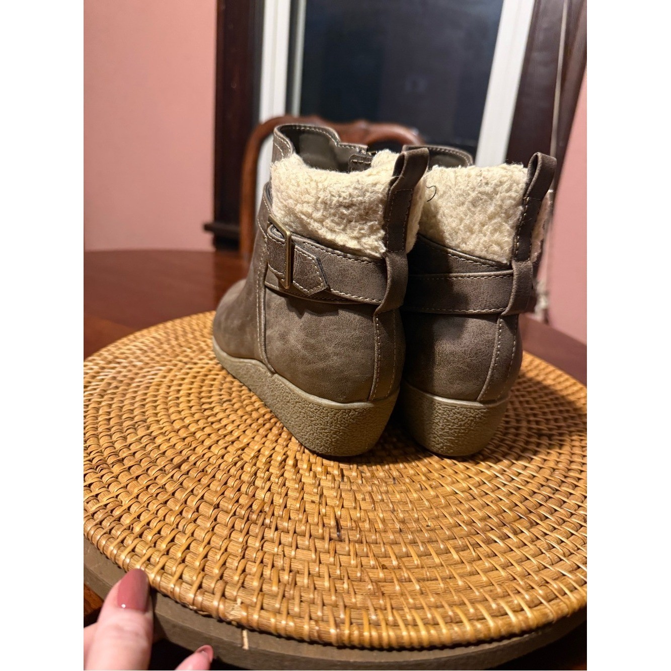 Sporto Taupe Faux Leather Ankle Bootie with Shearling Cuff