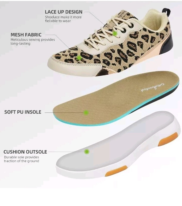 Ortho Comfoot Shoes Womens 5/ 5.5 Fashion Sneakers Cheetah Fabric Lace Up Walk