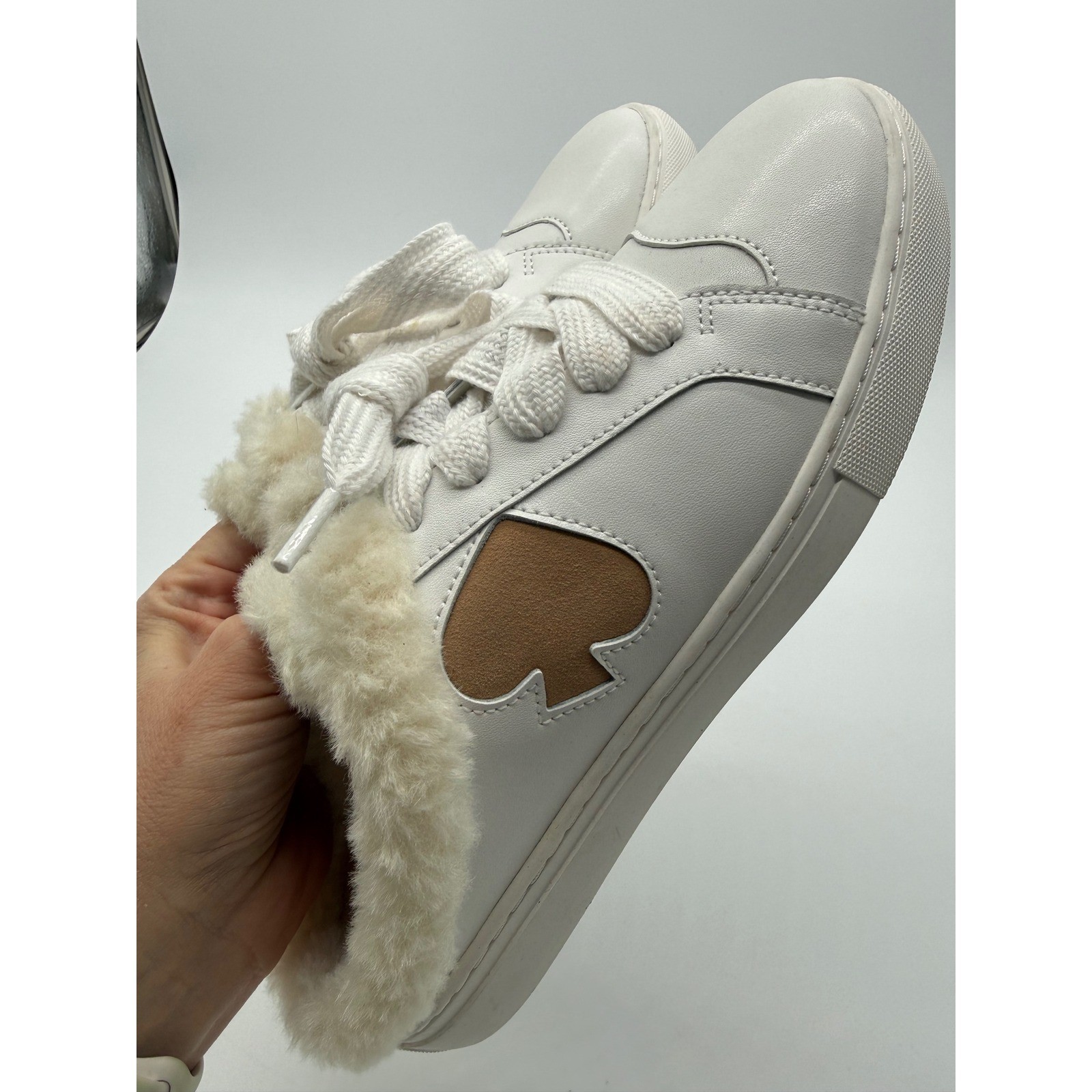 Kate Spade Fez Mule Winter Lace Up Sneaker White Leather Faux Fur Trim 7.5B