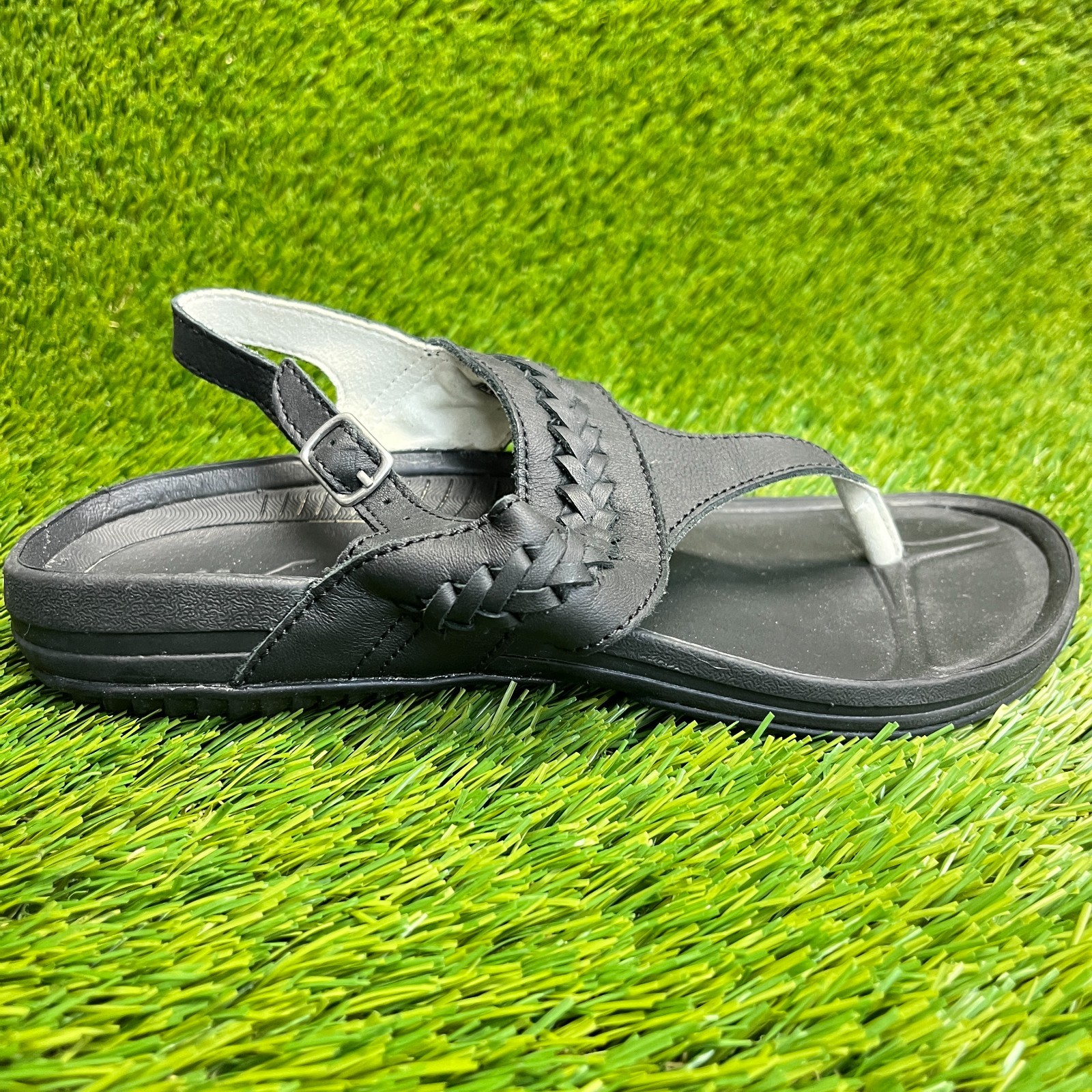 Kuru Letti Womens Size 8 Jet Black Beach Classic Outdoor Leather Thong Sandals