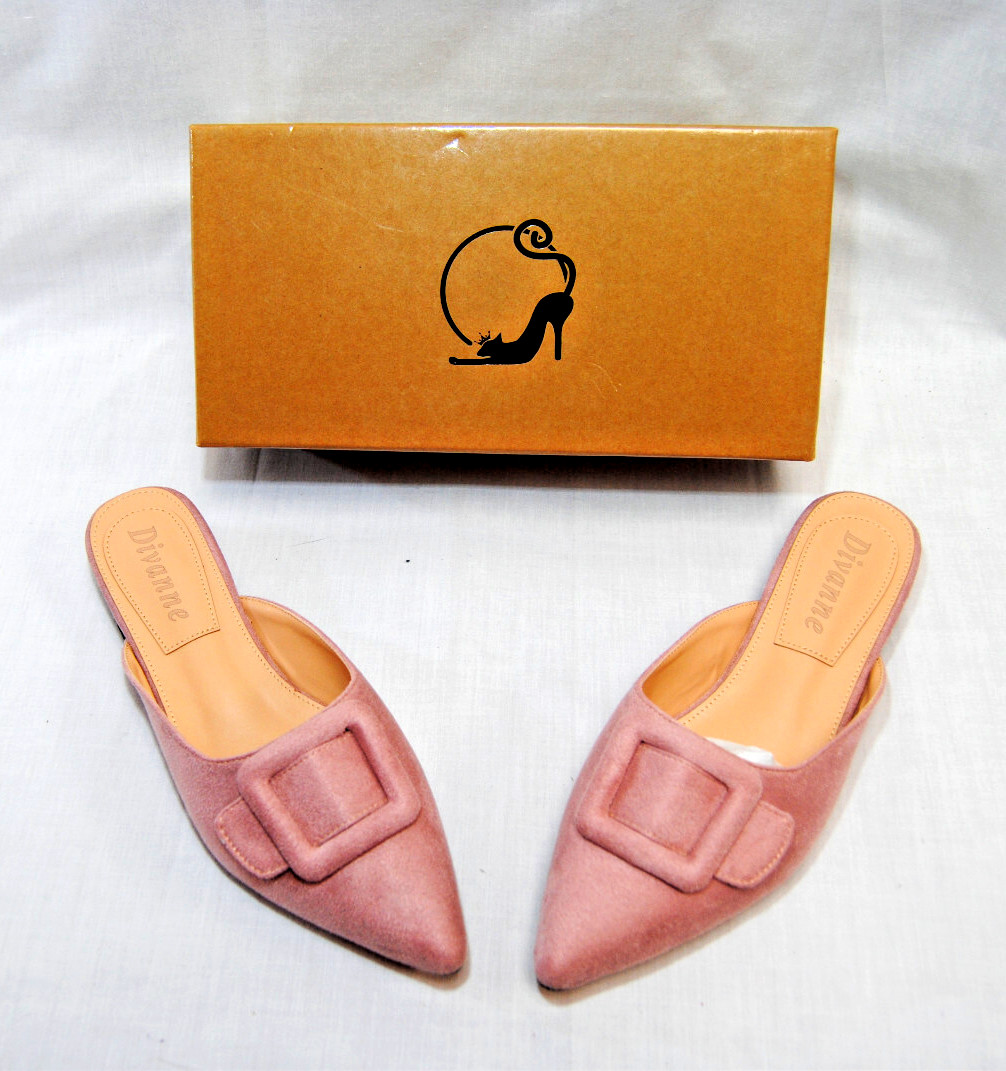 Divanne Womens Buckle Flat Backless Mules Pointed Toe Suede Pull On Shoes T2335