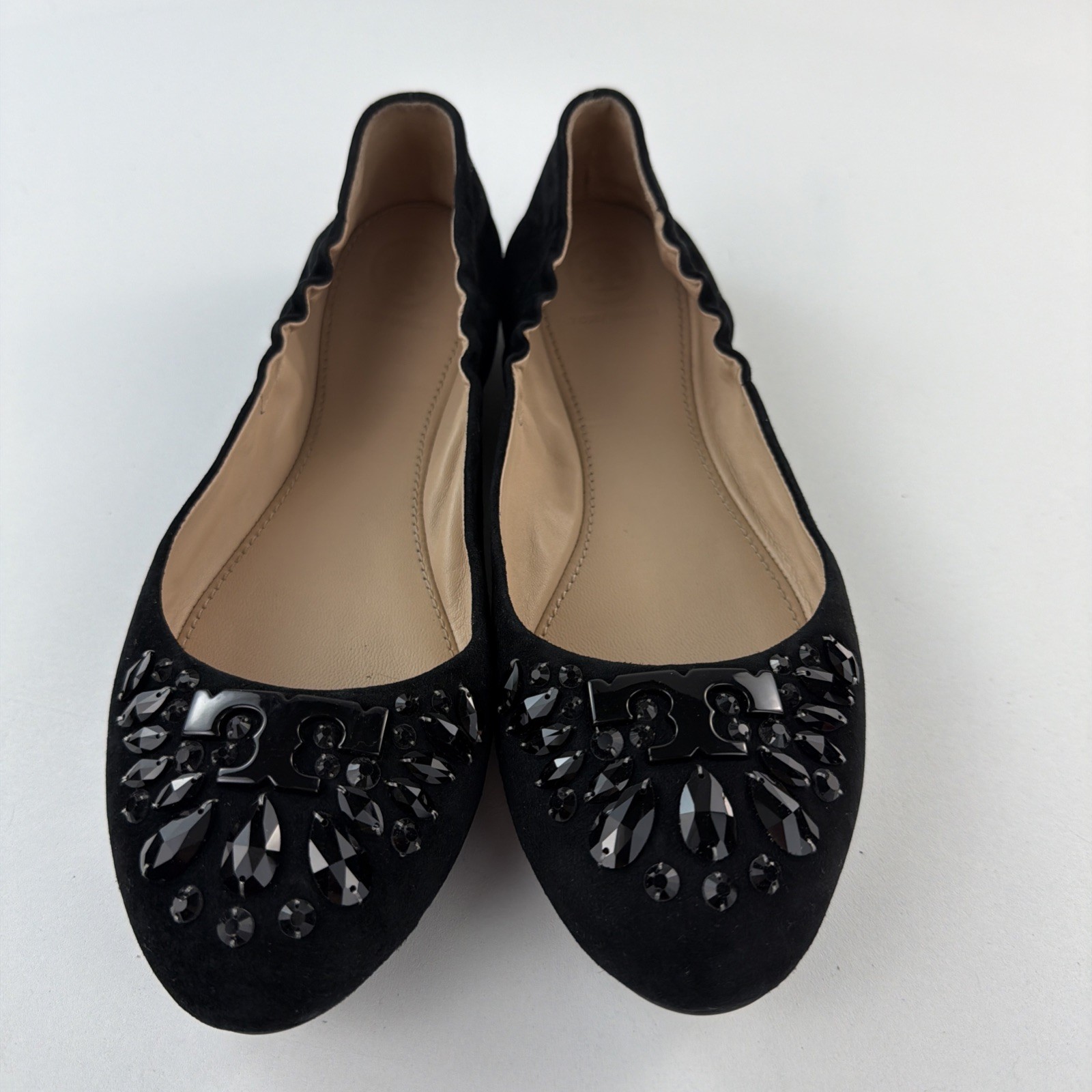 TORY BURCH BLACK SUEDE BALLET CRYSTAL LOGO MILLER FLATS SIZE 7.5
