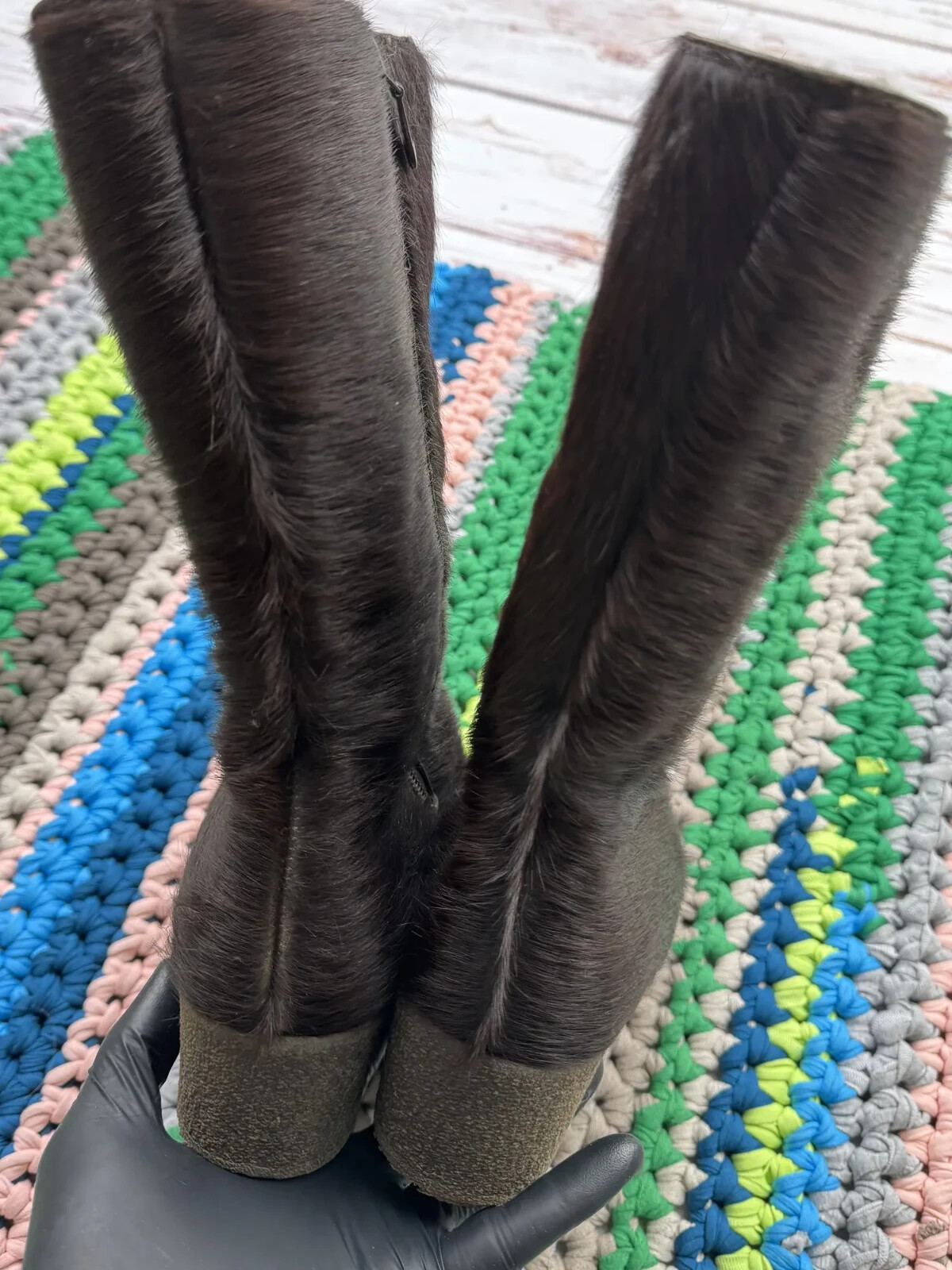Vintage Women Real Fur Calf Hair Mid Calf Boots Chunky Sole Winter Leather Shoes