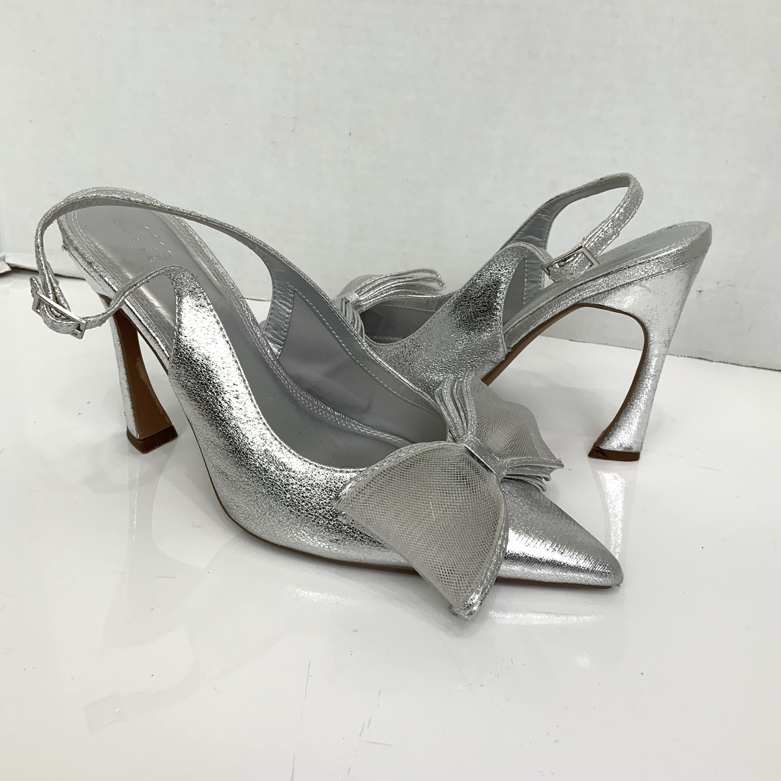 ASOS DESIGN Sz 9 Metallic Silver Princess Bow Slingback Heels Shoes Wedding