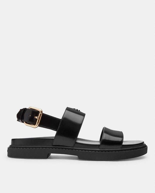 Coach Lockup Two Band Sandals Women’s Black Gold-tone Buckle Closure