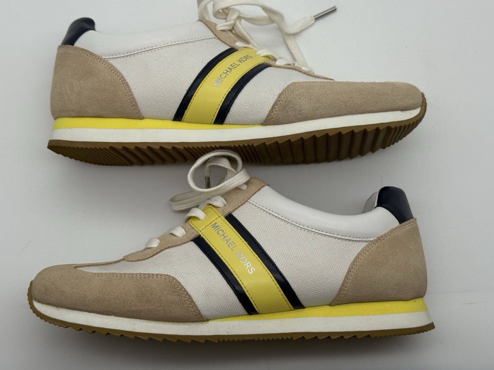 Michael Kors Textile Leather Shoes Sneakers White Beige Yellow Stripe Size 9.5M