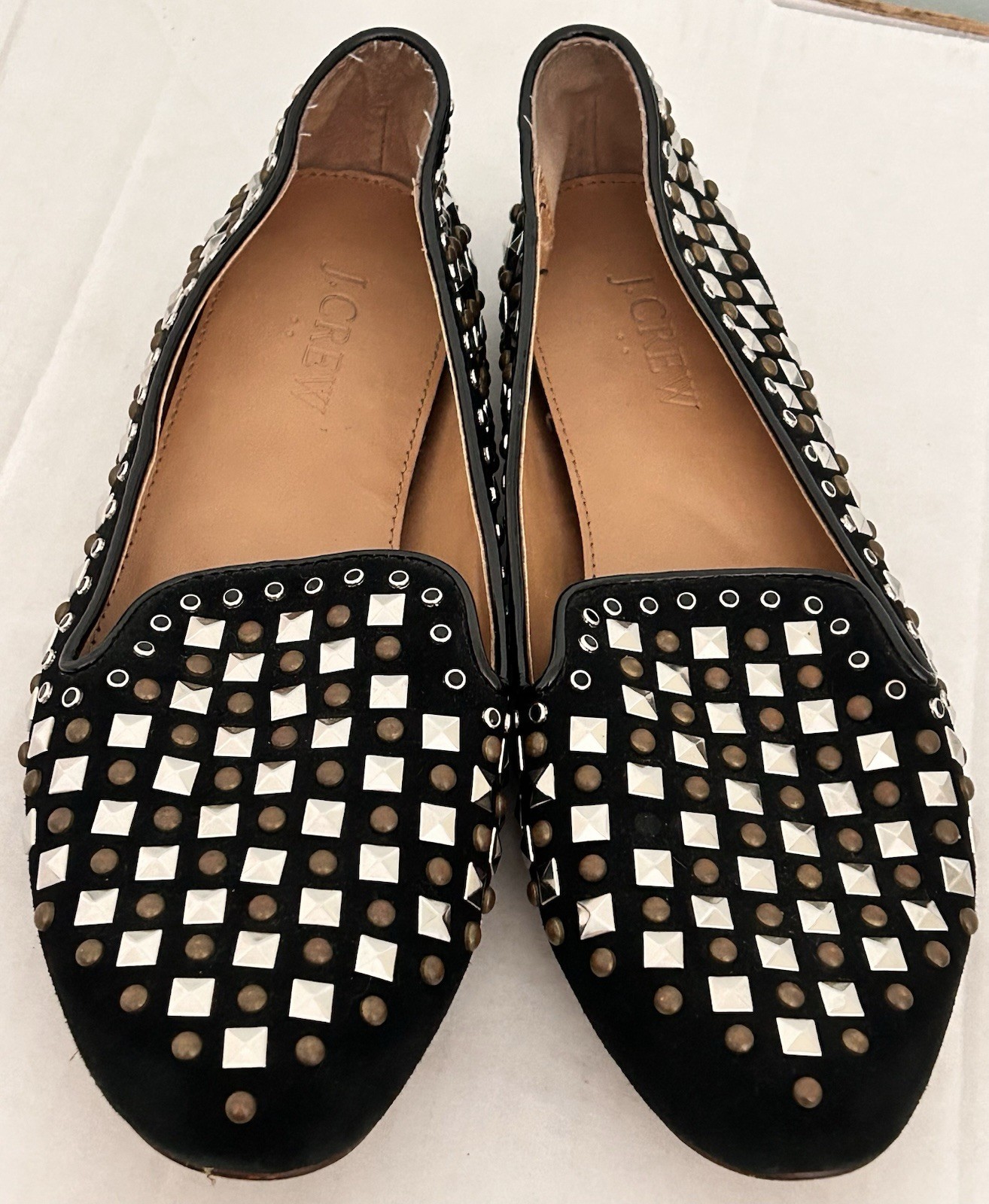 J CREW Addie Black Leather Studded Beaded Slip On Loafer Flat Shoes Size 7