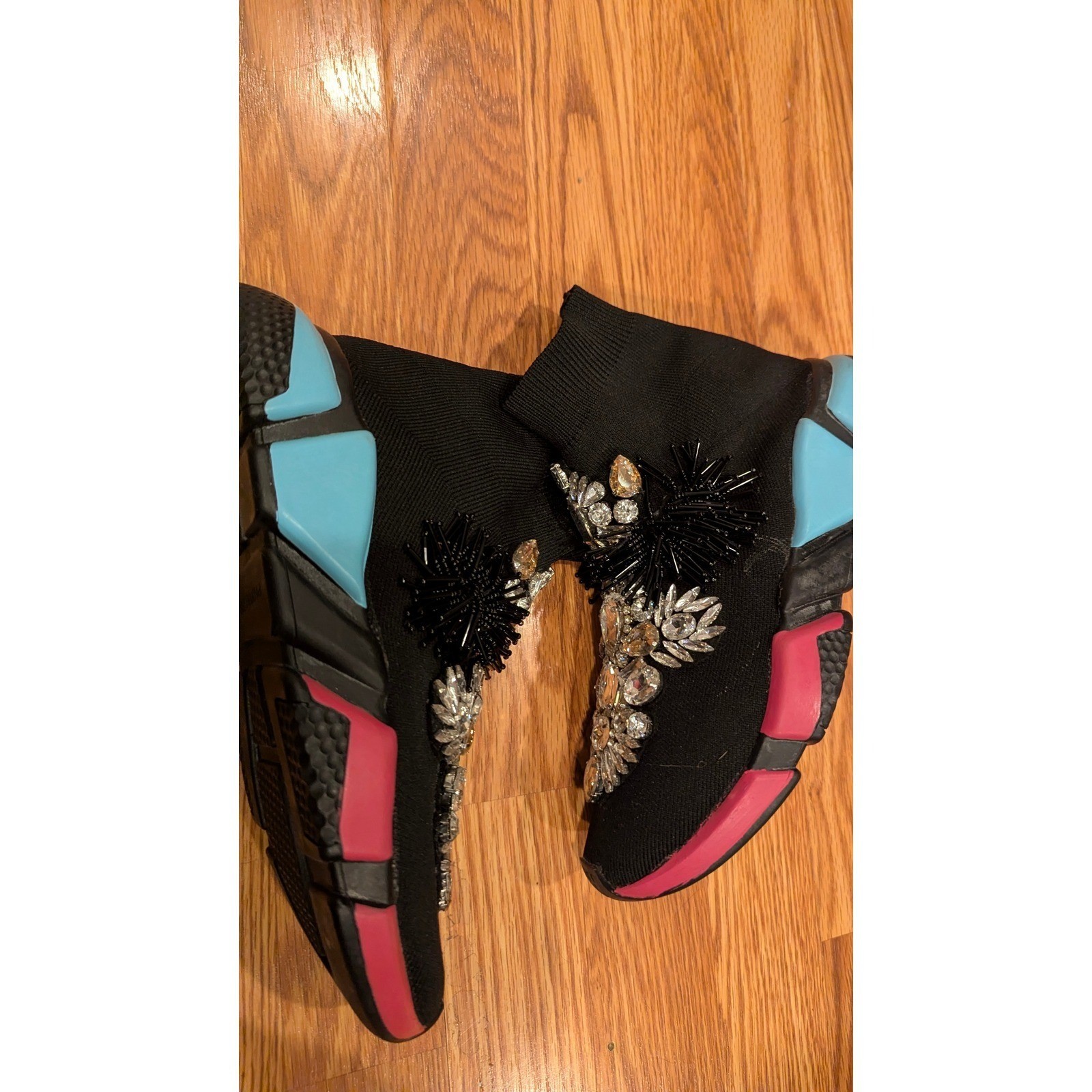 Pink Elephant Sock Sneakers 38 Black Crystal Embellished Fringe Statement Glam
