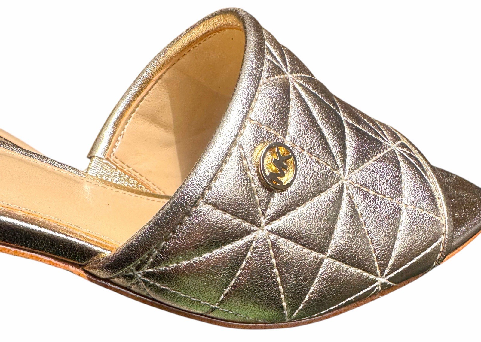 Michael Kors Gold Quilted Slide Sandals Block Heel Women’s Size 7M NWOB