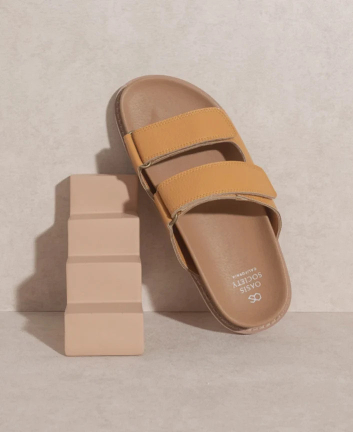 Tan Double Adjustable Strap Slide Summer Beach Sandals