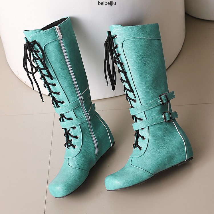Women’s Mid Calf Hidden Wedge Heel Boots Lace Up Buckle Casual Shoes 48/49/50
