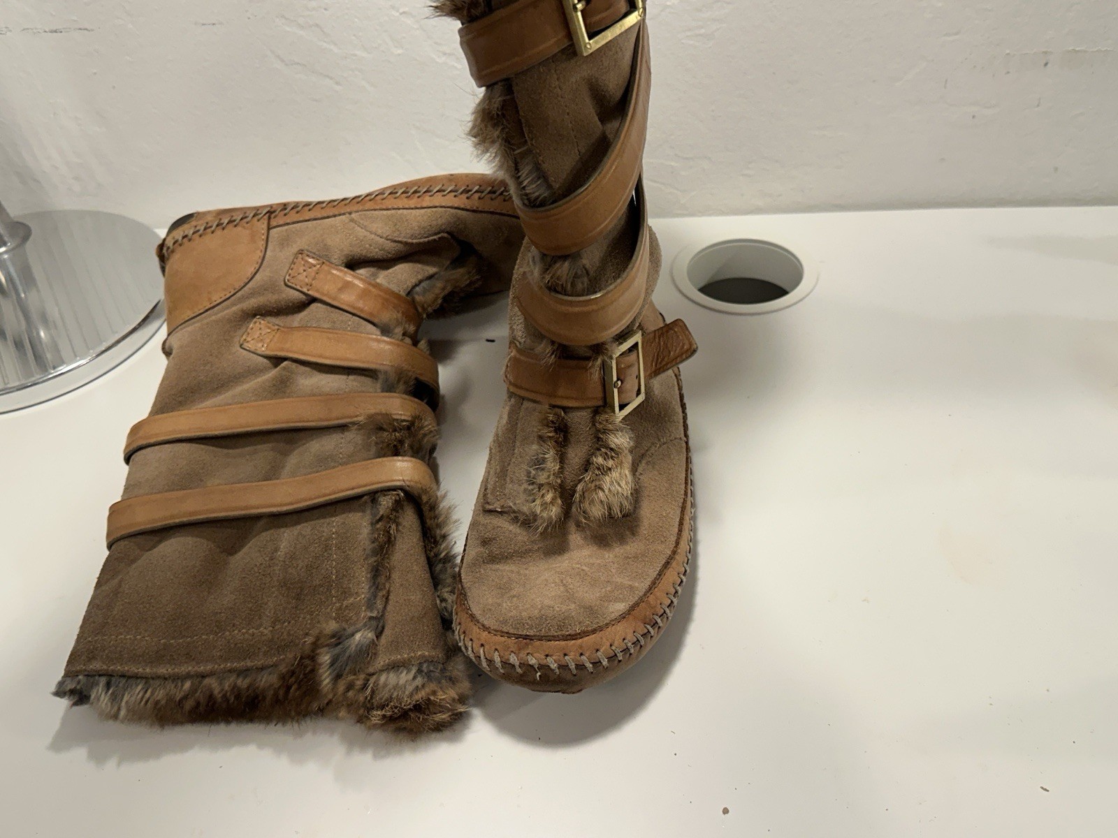 Tory Burch Women’s Brown Suede Fur Trim Mid-Calf Buckle Boots 6.5
