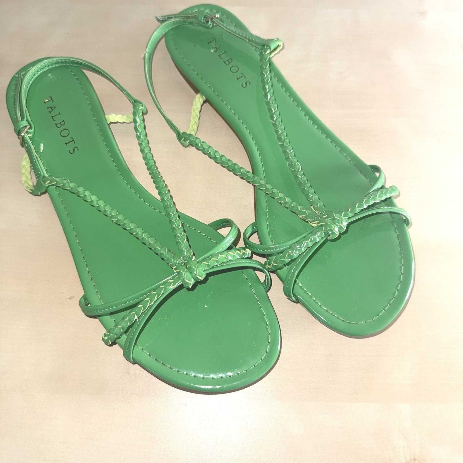 Talbots Sandals Kelly Green Patent Leather Braided Straps Women’s 8.5 Slingback