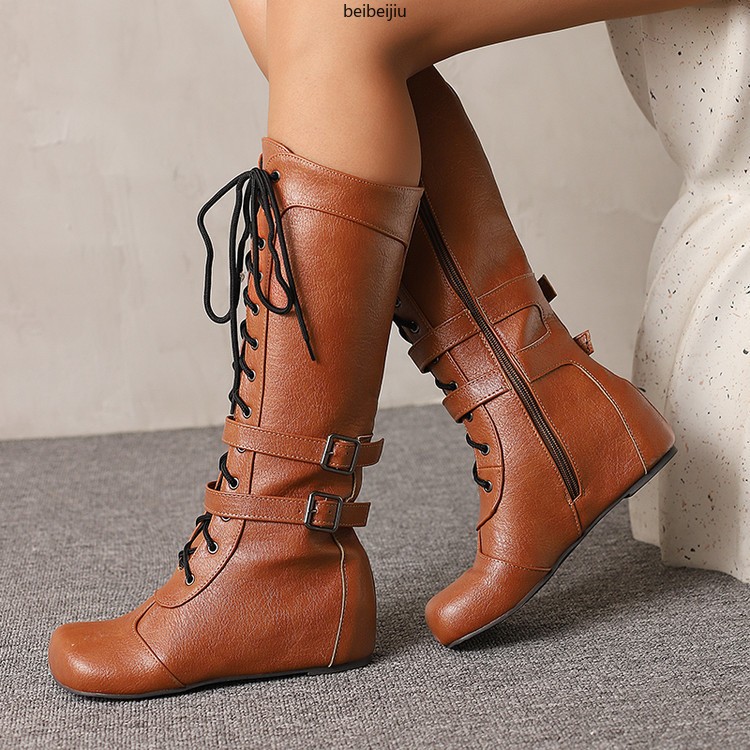 Women’s Mid Calf Hidden Wedge Heel Boots Lace Up Buckle Casual Shoes 48/49/50