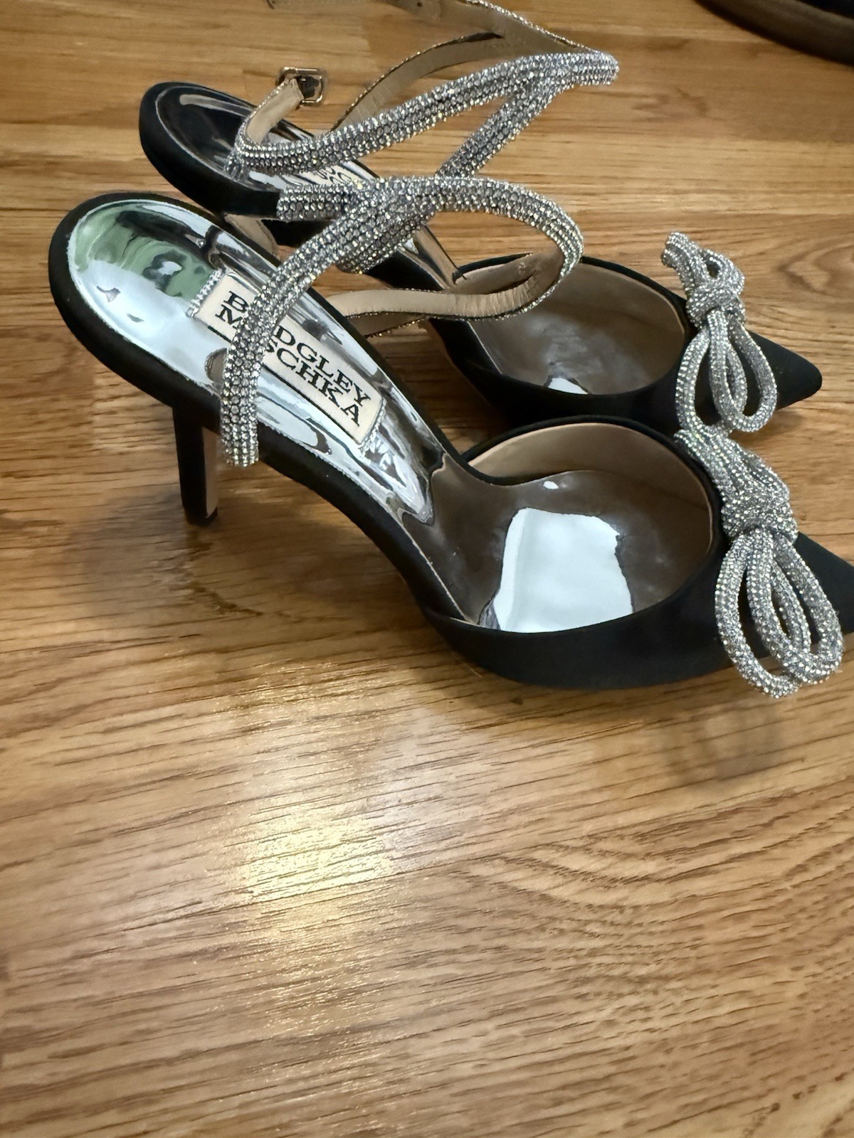 Badgley Mischka Women’s Black Satin Bow Rhinestone Ankle Strap Heels