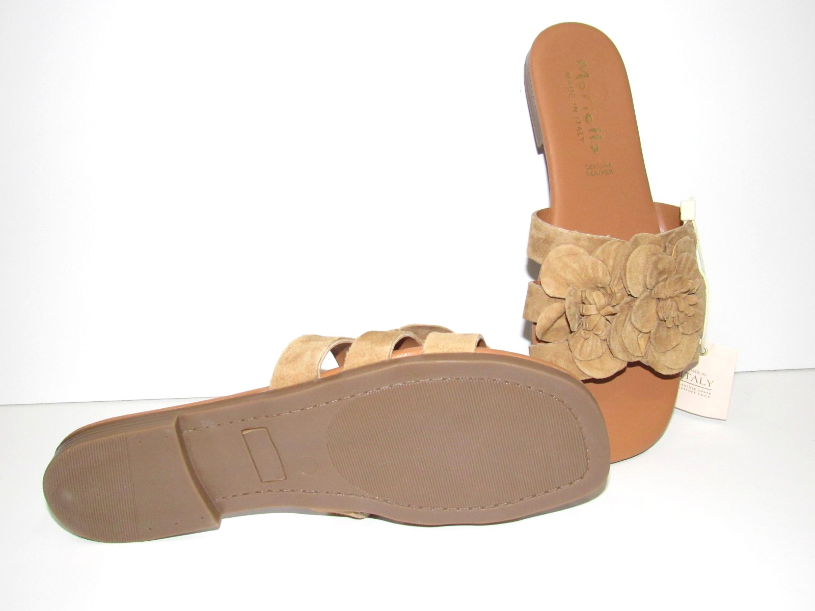 Mariella ITALY Tan Suede Flower Cushioned Flat Slides Sandals Womens size 9.5 US