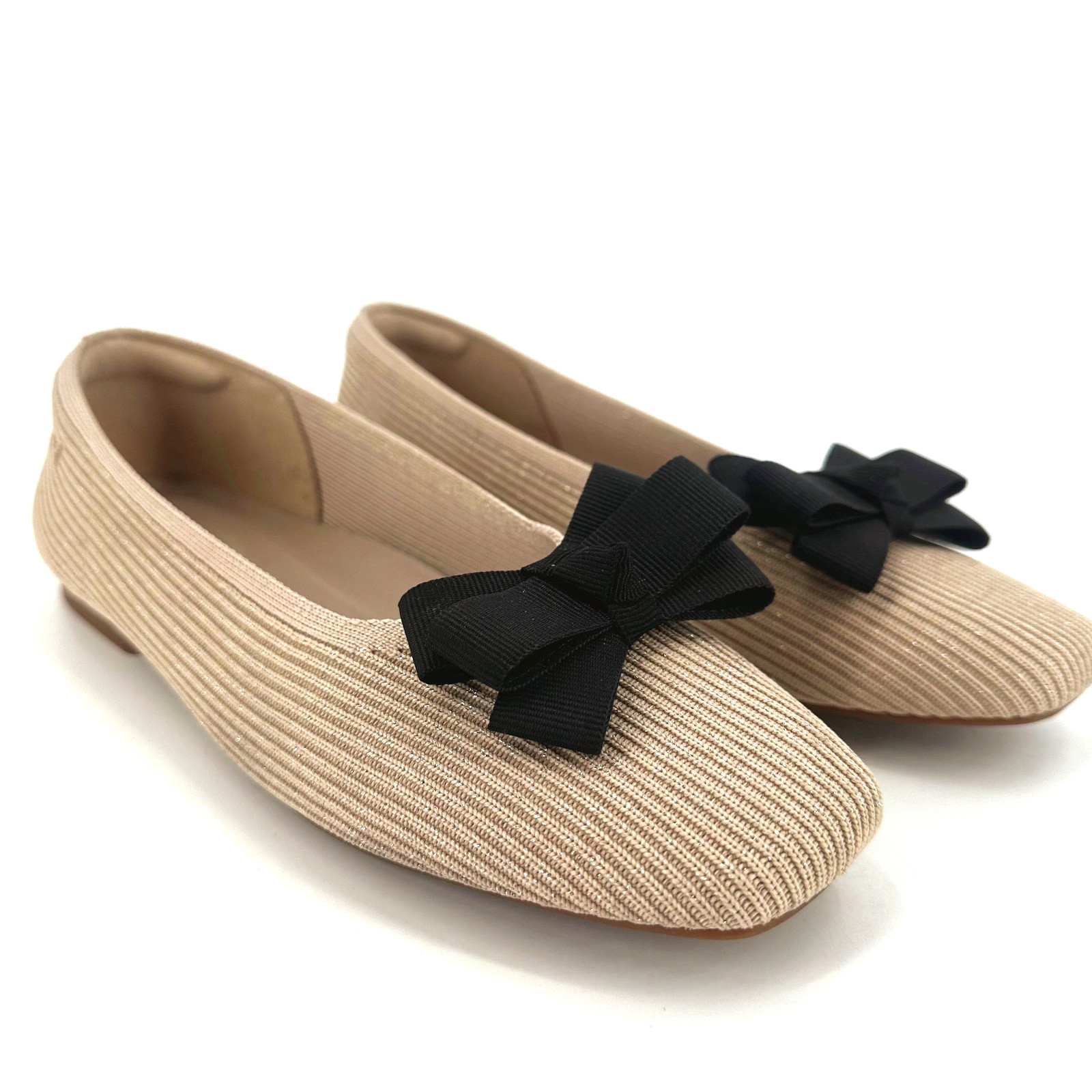Vivaia Margot Ribbed Ballet Square Toe Flats Size 40 US 9.5 Removable Bow Preppy