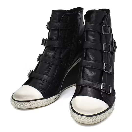 FSJ Custom Black Multi Buckle Wedge Sneaker Boots Round Toe Women