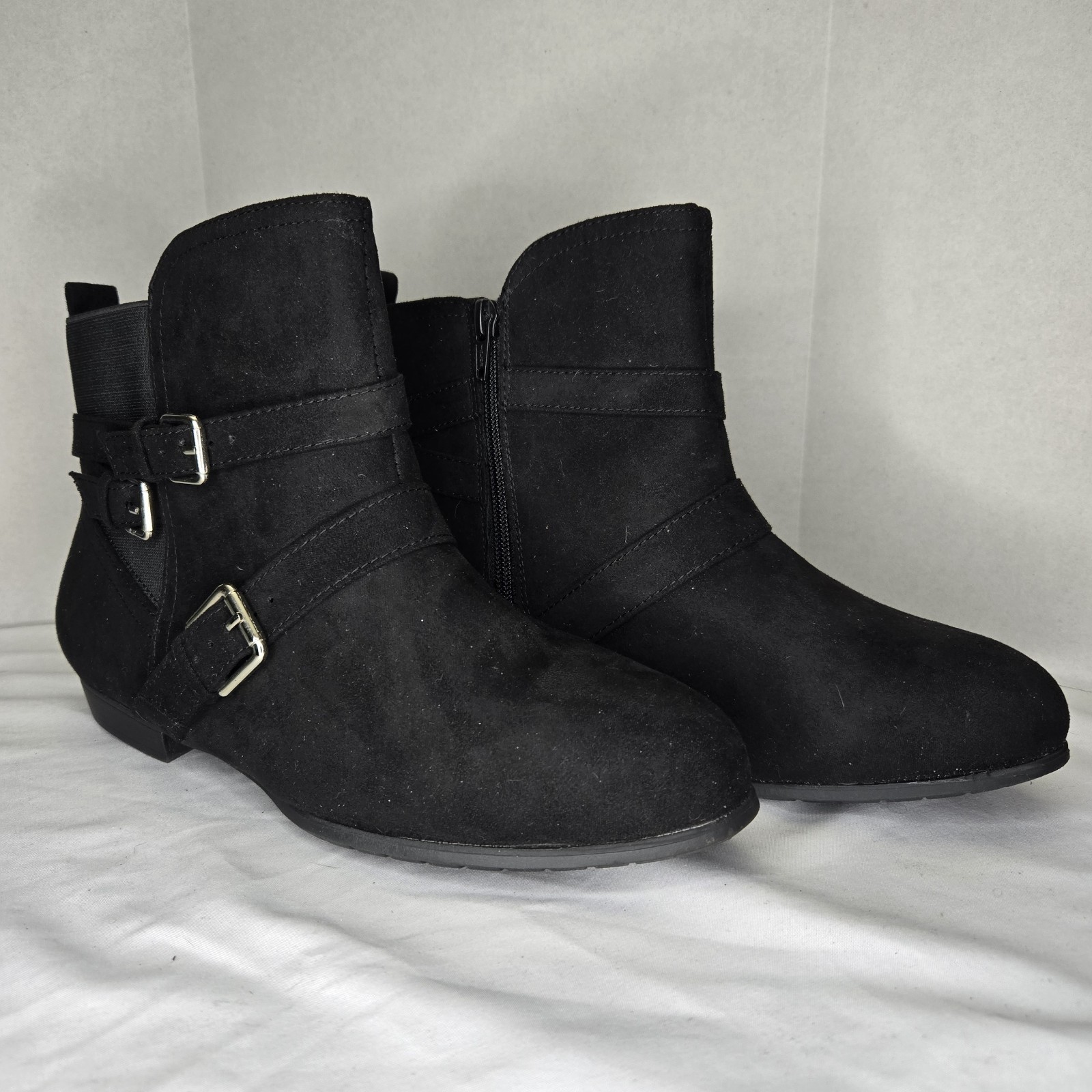SO Alessia Zip Ankle Boots Black Womens 9 Buckle Stretch Goth Boho Punk Grunge