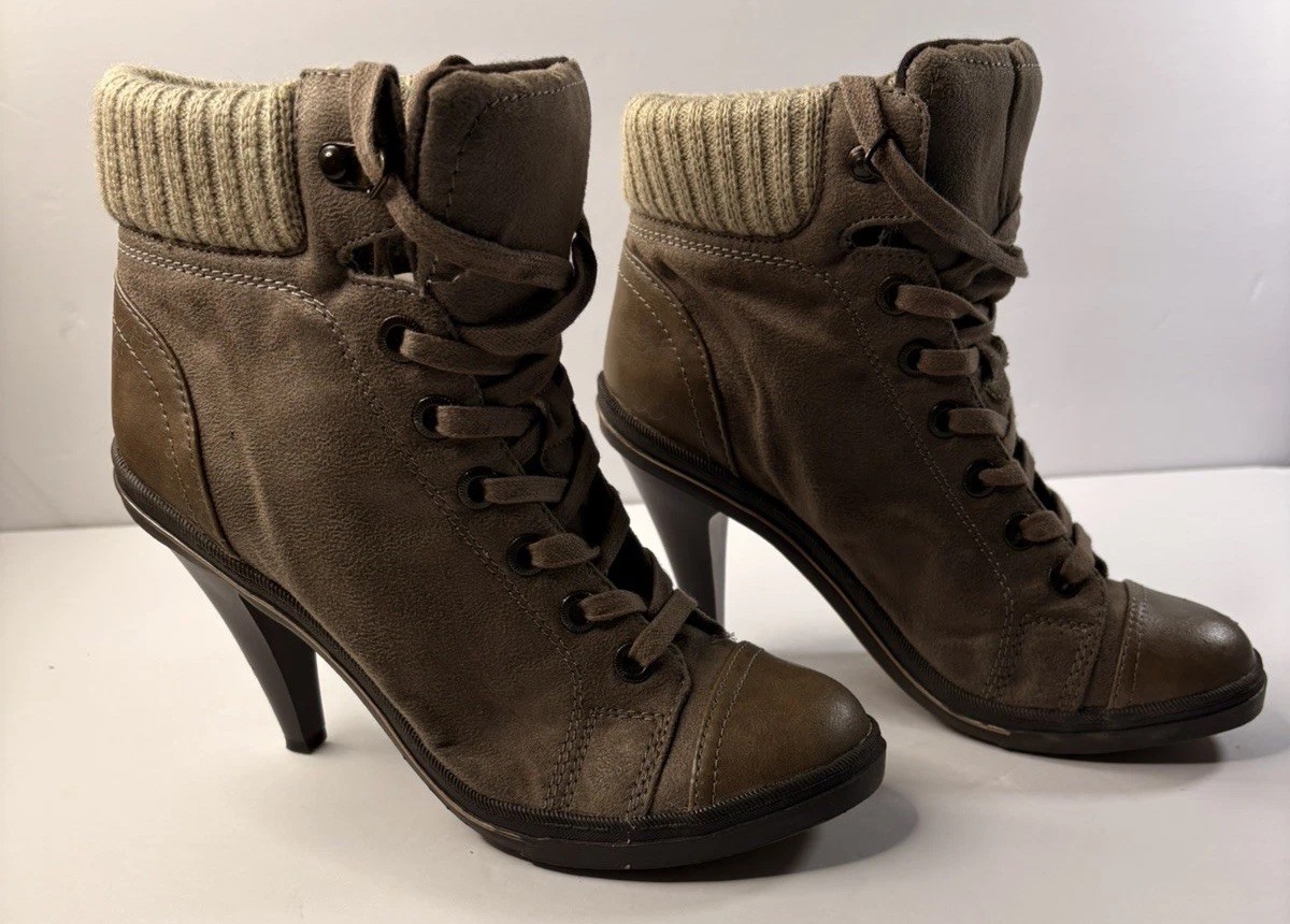 Womens Heels Lace Up Ankle Boots High Heel party Bootie Shoes Brownish Gray 7.5