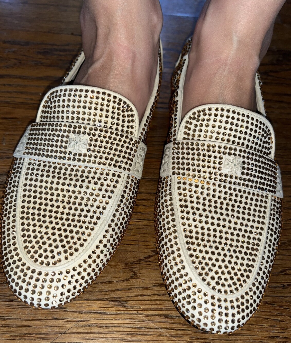 Tory Burch Champagne Crystal Covered Cream Suede Ballet Flats Loafer Sz 7.5 EUC!