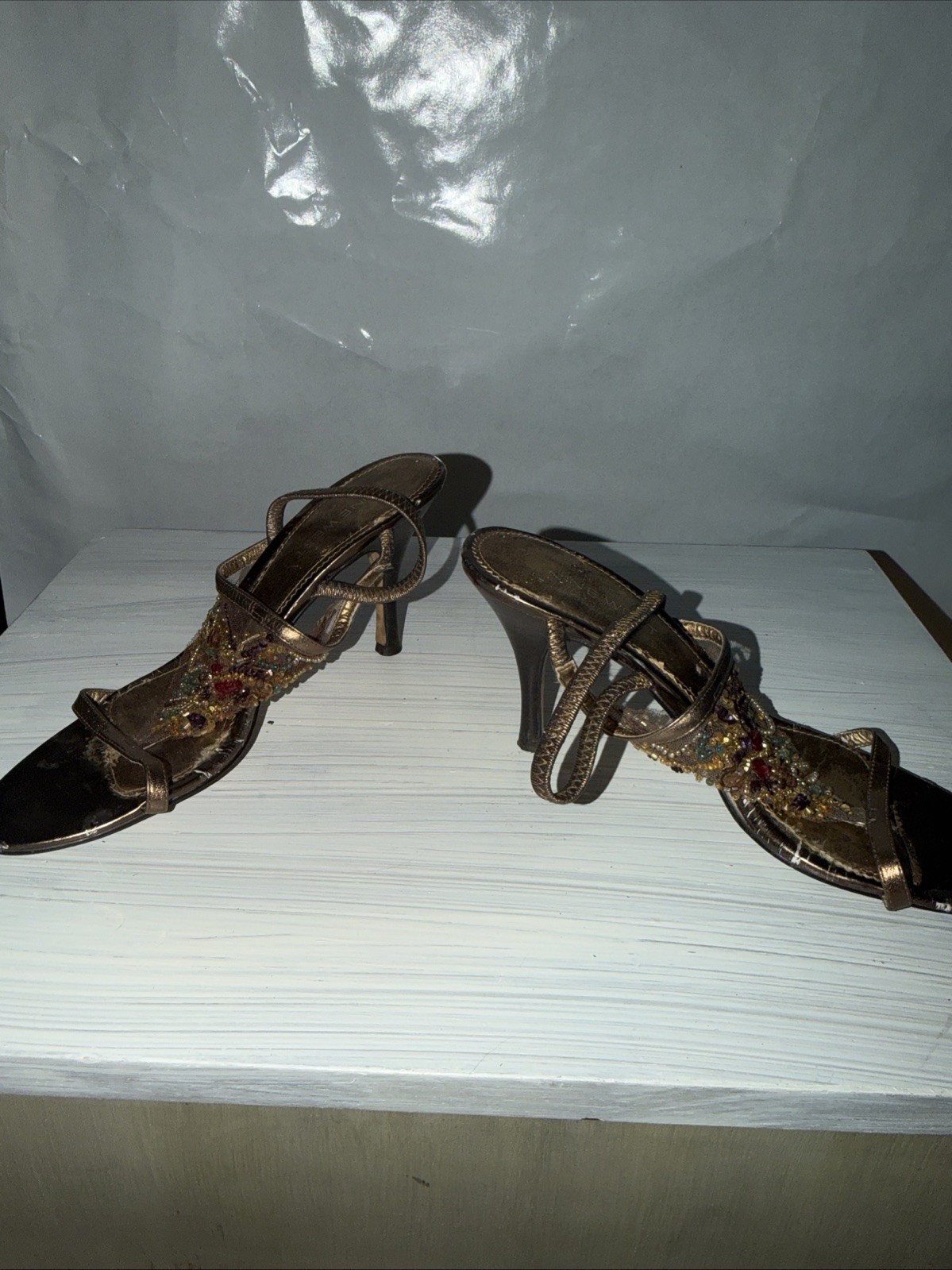 Brown Bronze Beaded Strappy Nine West Slingback Sandal Heels