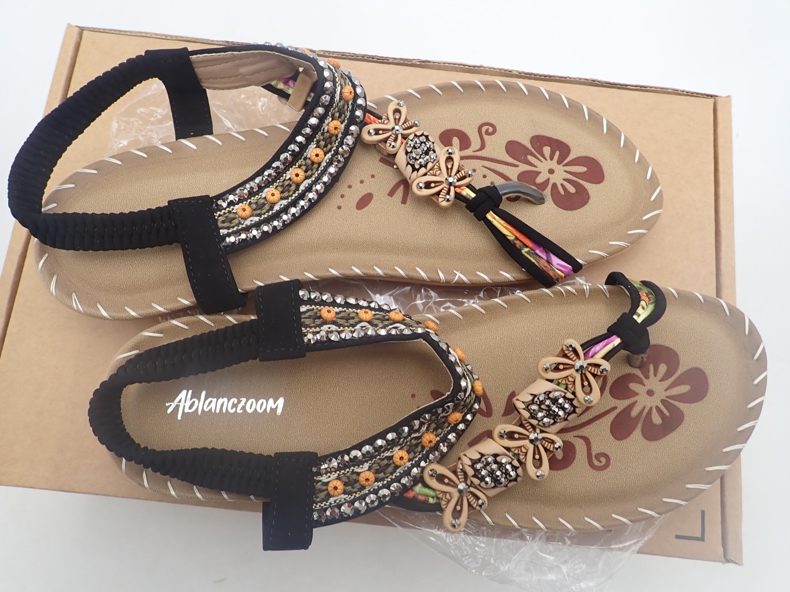 Ablanczoom Flats Sandals for Women Dressy with Beaded Elastic Ankle Strap size 9