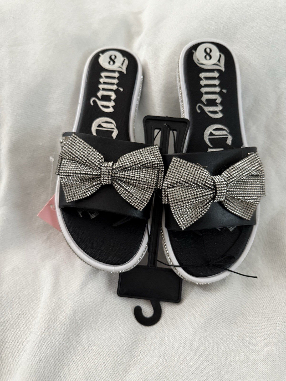 NEW Juicy Couture Black Yolox Rhinestone Bow Sandals Women 8 Black White Slides