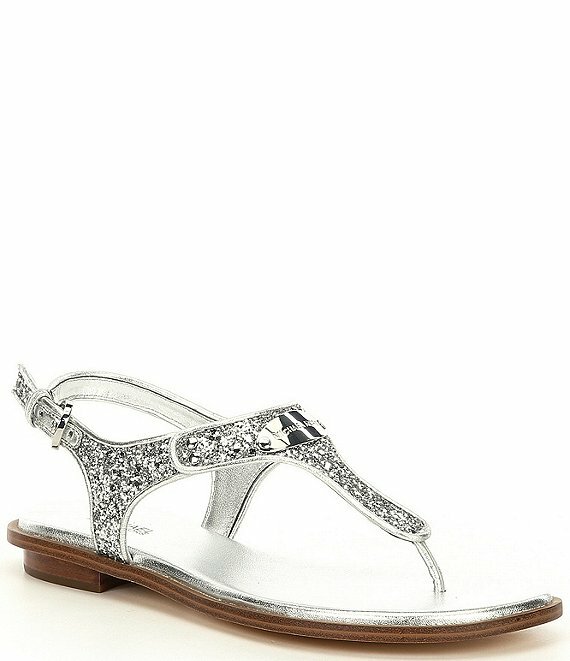 MICHAEL KORS MK PLATE ICONIC GLITTER LOGO T STRAP THONGS SANDALS SHOE HEAVEN